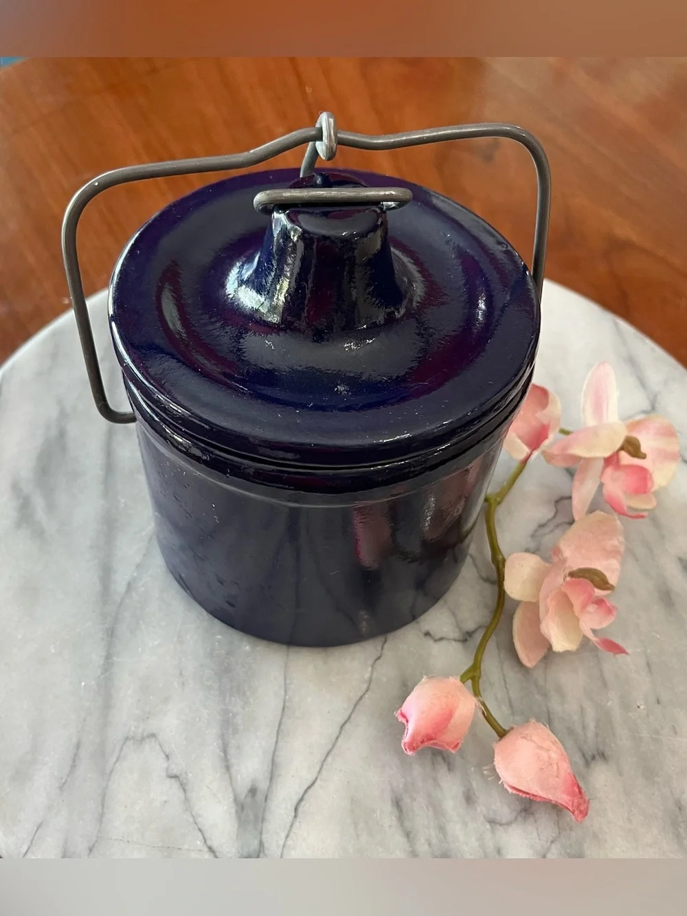 VTG Cobalt Blue Stoneware Cheese Crock w Wire Bail Lid, 1lb Med. Sz. Farmhouse